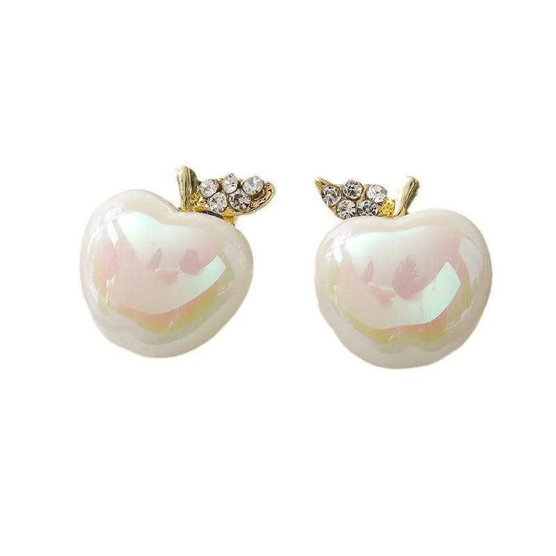 Inlaid Rhinestone  Pearl Creative Apple Earrings for Women Simple Studs Commuter Stud Earrings Wholesale Charms Jewelry