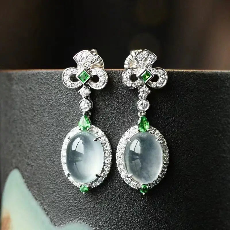 Natural chalcedony ice seed egg face earrings for women with diamonds Palace style charm exquisite jewelry