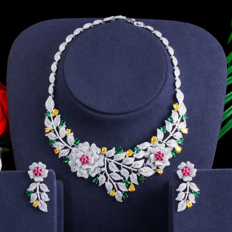 Zircons High Quality African Nigerican Cubic Zirconia Big Rose Flower Wedding Necklace Earring Luxury Bridal Jewelry Set