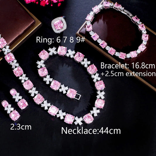 Classic Pink Square Cut CZ 4Pcs Silver Color Cute Flower Choker Necklace Earrings for Women Engagement Jewelry Sets