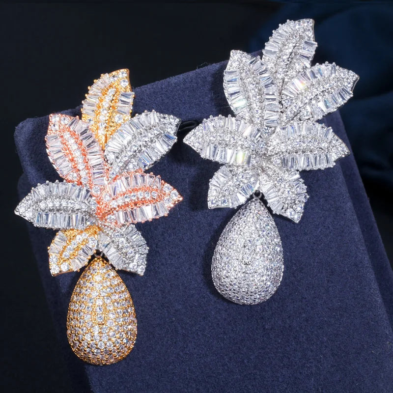 Zircons 3 Tone Gold Color Luxury Large Leaf Drop Flower Micro Cubic Zirconia Pave Wedding Party Earring for Women