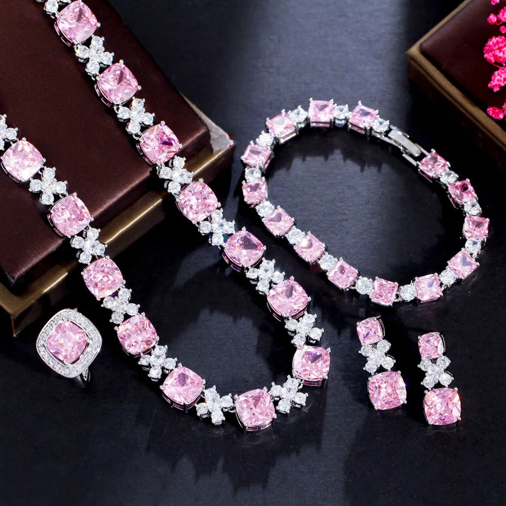 Classic Pink Square Cut CZ 4Pcs Silver Color Cute Flower Choker Necklace Earrings for Women Engagement Jewelry Sets