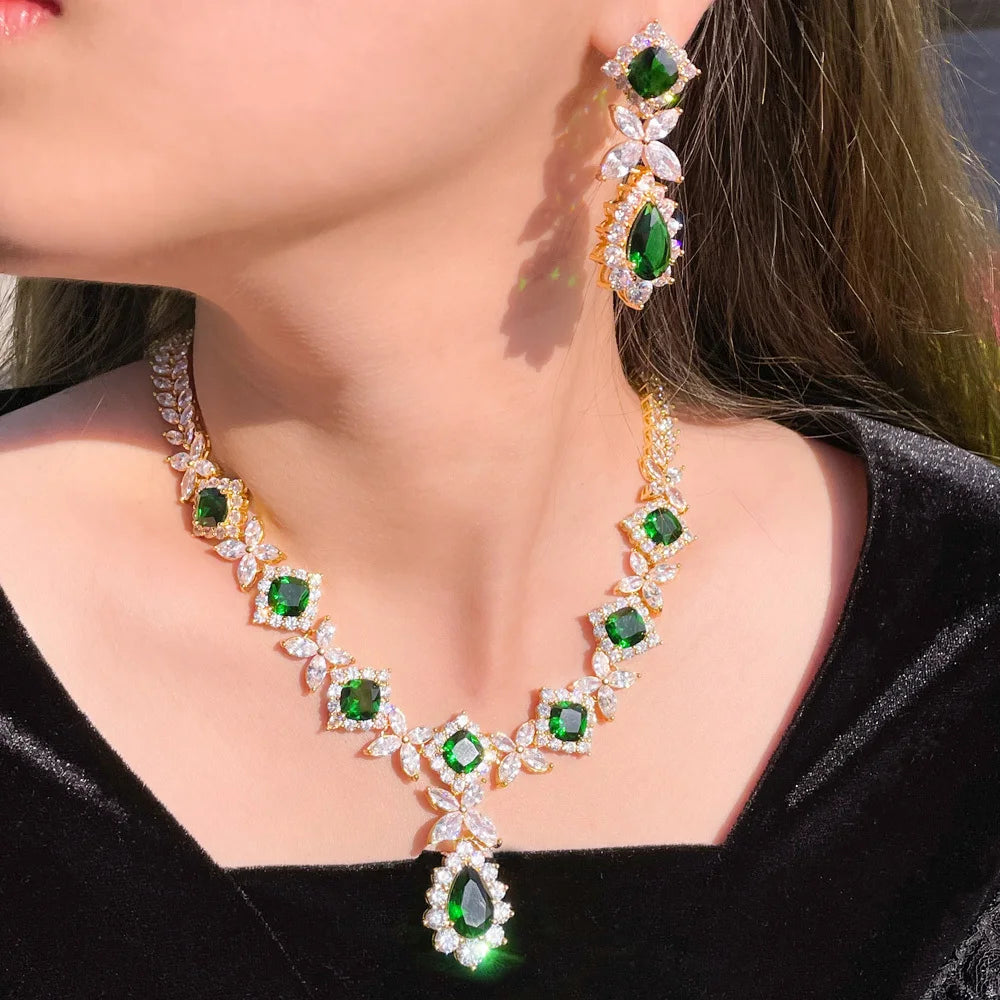 Zircons Big Leaf Drop Green Cubic Zircon Party Costume Jewelry Sets for Brides Wedding Accessories Dubai Gold Plated