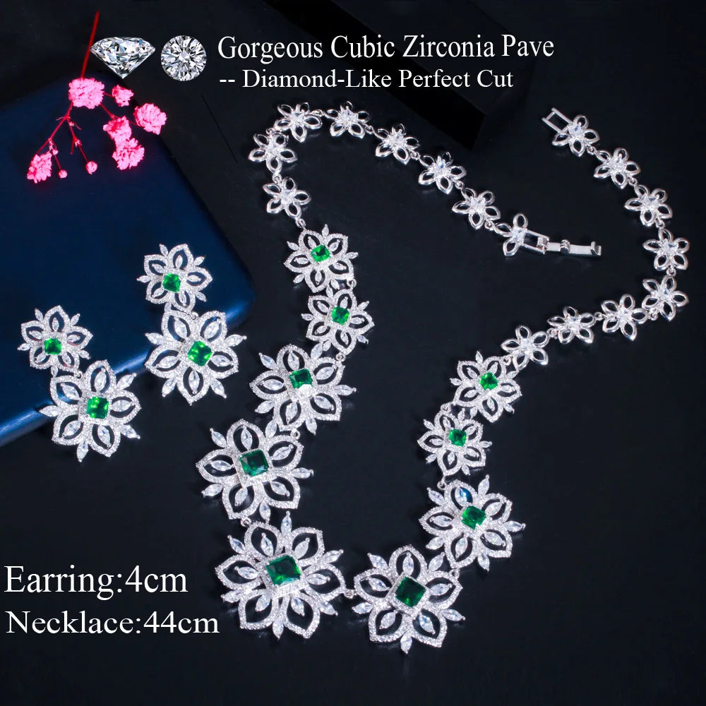 Zircons Beautiful Flower Green Cubic Zirconia Bridal Wedding Jewelry Set for Brides Evening Dancing Party Accessories