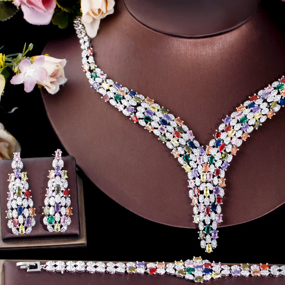 Zircons Heavy Cubic Zircon Stone Work Multicolor Big Necklace Arabic Dubai Bridal Jewelry Set Luxury Wedding Accessories