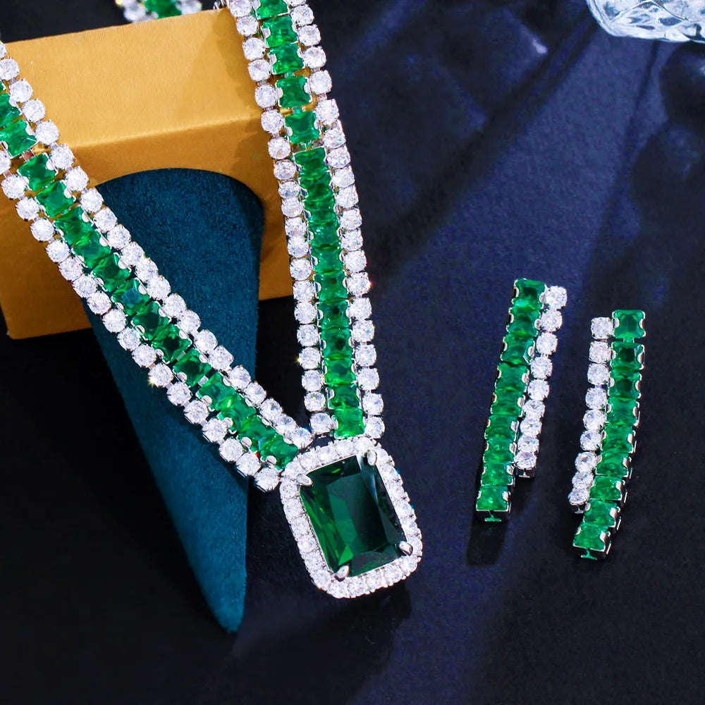 Classic Square Drop Green Cubic Zirconia Necklace and Earrings Luxury Bridal Wedding Banquet Jewelry Sets for Women