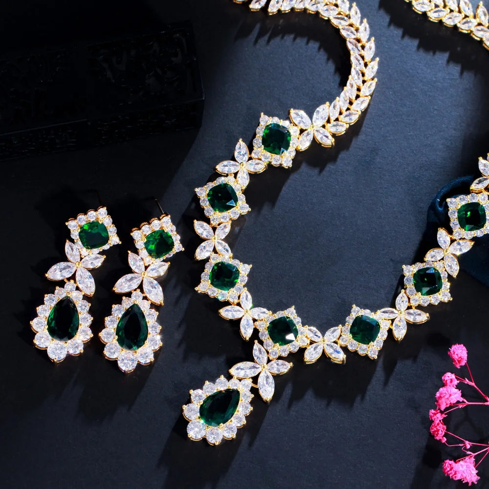 Zircons Big Leaf Drop Green Cubic Zircon Party Costume Jewelry Sets for Brides Wedding Accessories Dubai Gold Plated