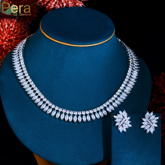 Gorgeous Shiny White Cubic Zirconia Round Chocker Necklace Earrings Sets for Brides Wedding Banquet Party Jewelry