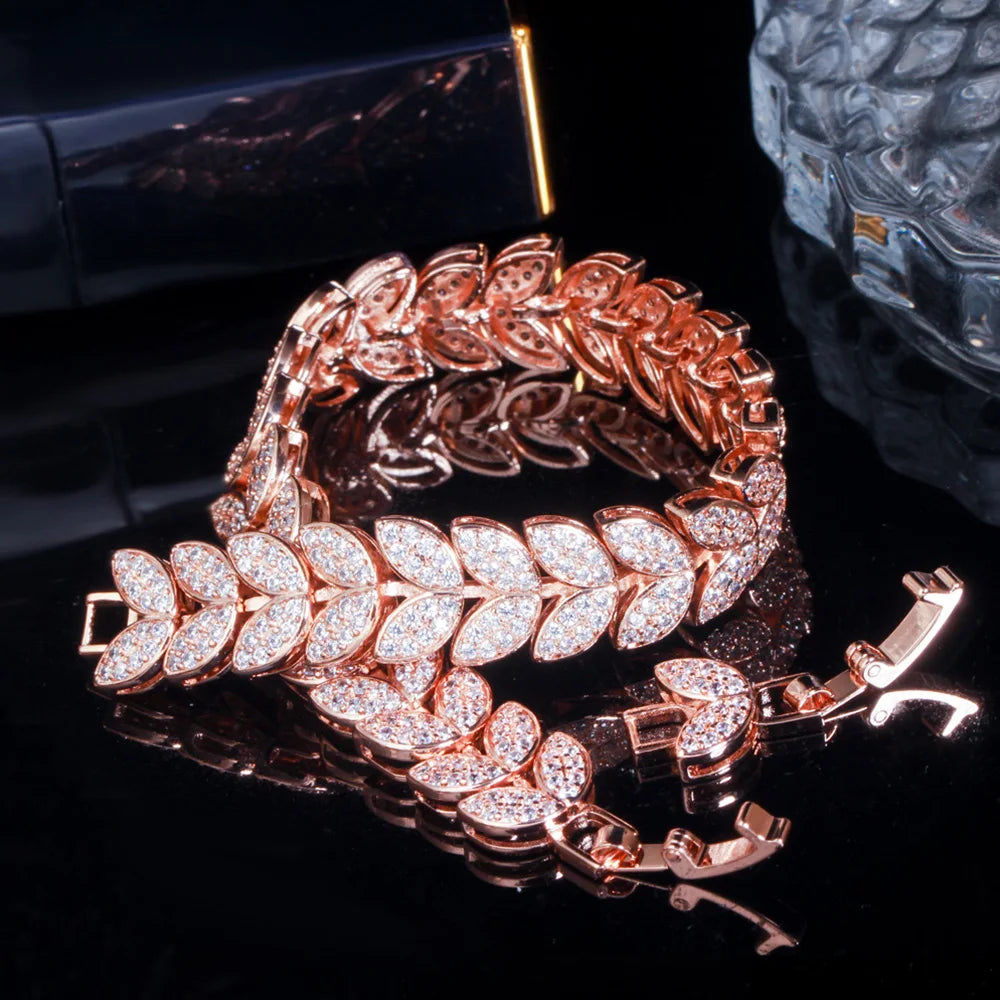 Elegant Micro Full 585 Rose Gold Color CZ Zircon Pave Leaf Link Chain Bracelet for Women Fashion Wedding Party Jewelry