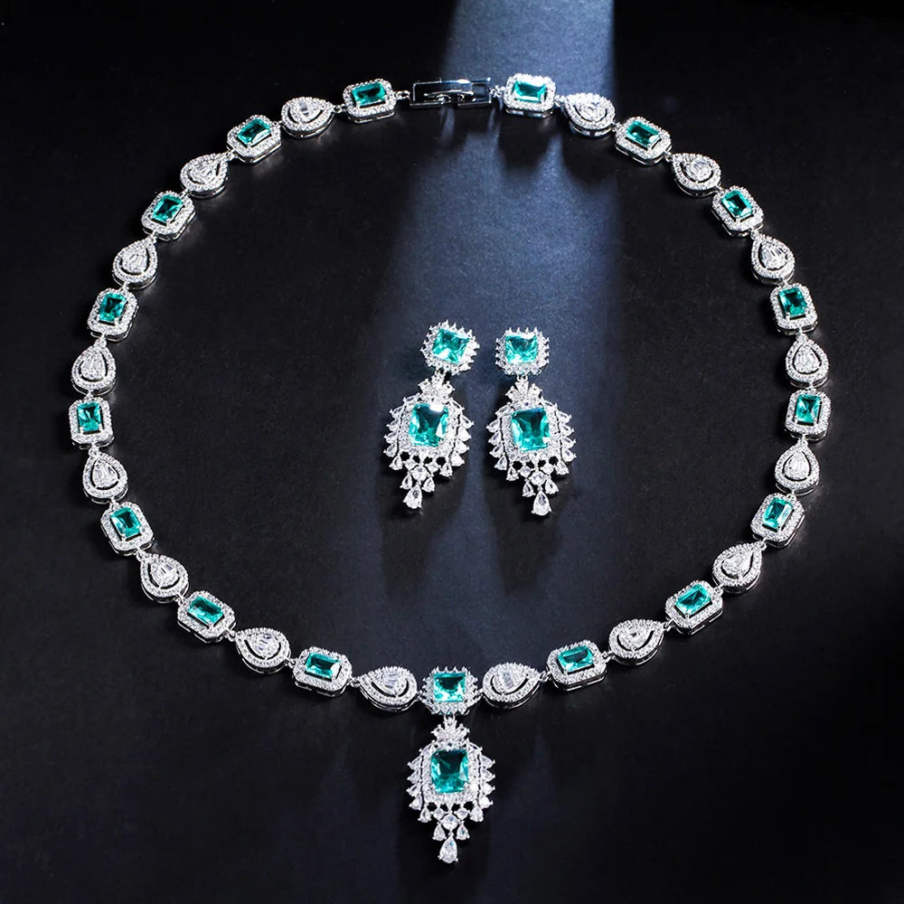 Magnificent Light Blue Cubic Zirconia Long Chandelier Pendant Necklace and Earrings Wedding Jewelry Sets for Brides