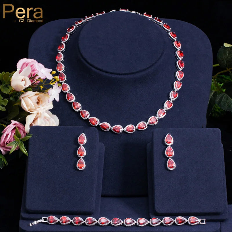 Classic 3Pcs Red Waterdrop Shape Link Cubic Zirconia Choker Necklace Earring Banquet Party Jewelry Sets for Women