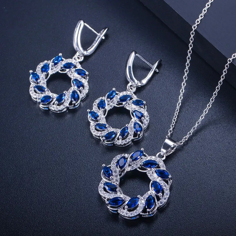 CWWZircons Trendy Brand Big Round Drop Austrian Blue And Green Crystal Earrings And Pendant Necklace Jewelry Set For Women T291