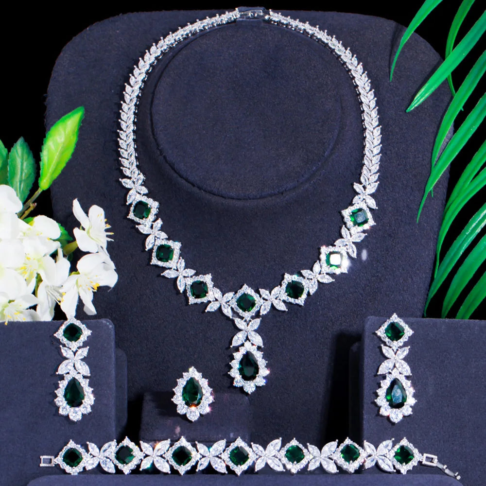 Luxurious Silver Color Green CZ Crystal Leaf Square Shape Link Bracelet Ring Necklace Earrings Jewelry Sets for Brides