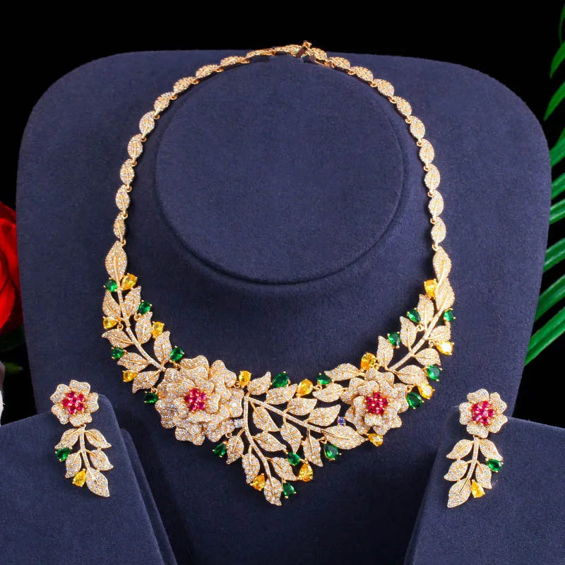 Zircons High Quality African Nigerican Cubic Zirconia Big Rose Flower Wedding Necklace Earring Luxury Bridal Jewelry Set