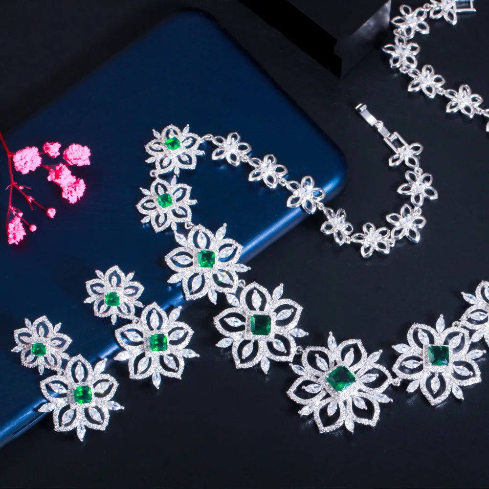 Zircons Beautiful Flower Green Cubic Zirconia Bridal Wedding Jewelry Set for Brides Evening Dancing Party Accessories