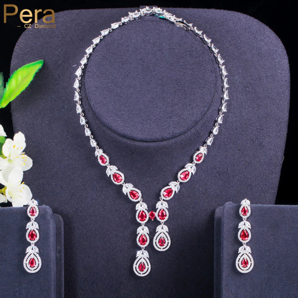 Hot Pink Cubic Zirconia Silver Color Long Leaf Drop Necklace and Earrings for Bridal Luxury Party Wedding Jewelry Sets