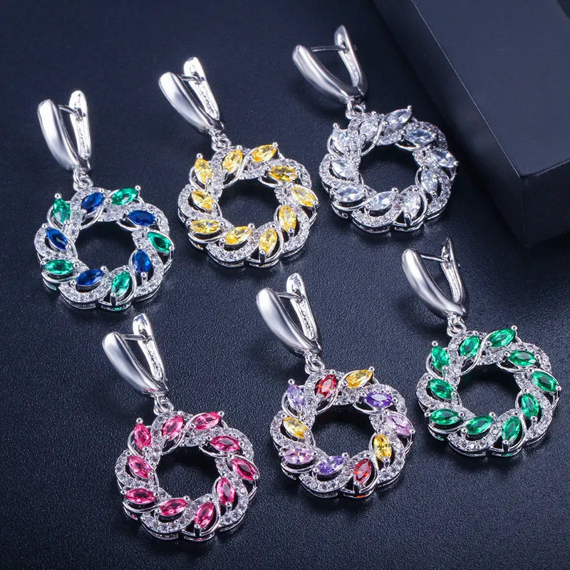 CWWZircons Trendy Brand Big Round Drop Austrian Blue And Green Crystal Earrings And Pendant Necklace Jewelry Set For Women T291