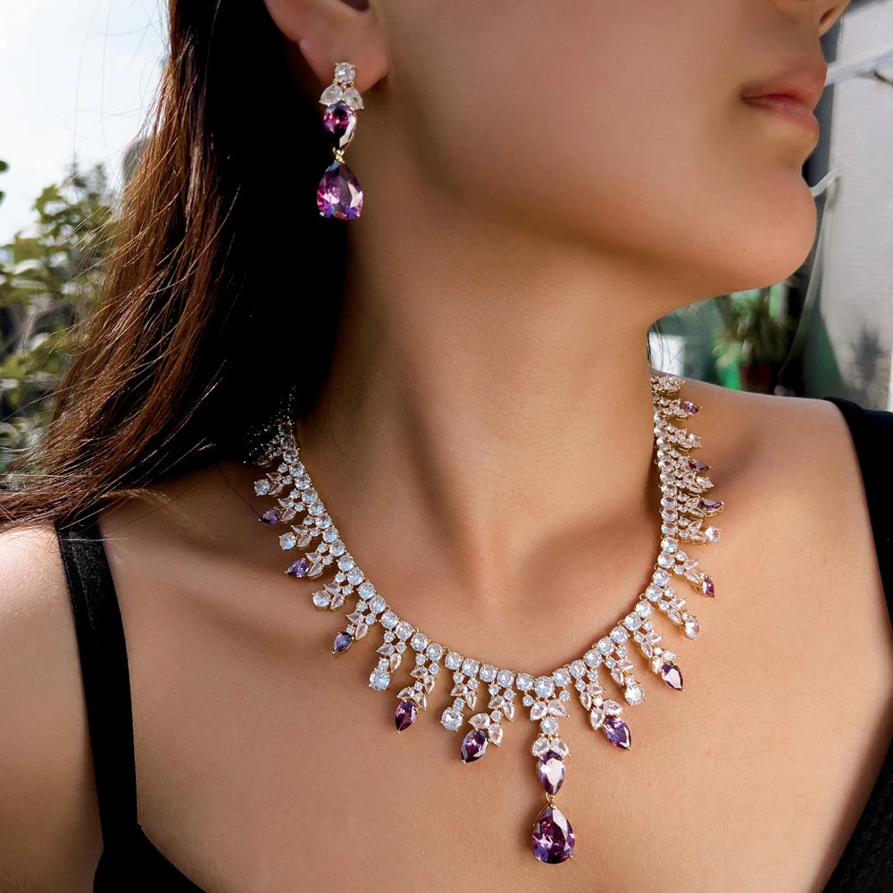 CWWZircons Luxury Gold Plated Purple Cubic Zirconia Big Chunky Water Drop Wedding Necklace Pageant Bridal Jewelry Sets T767