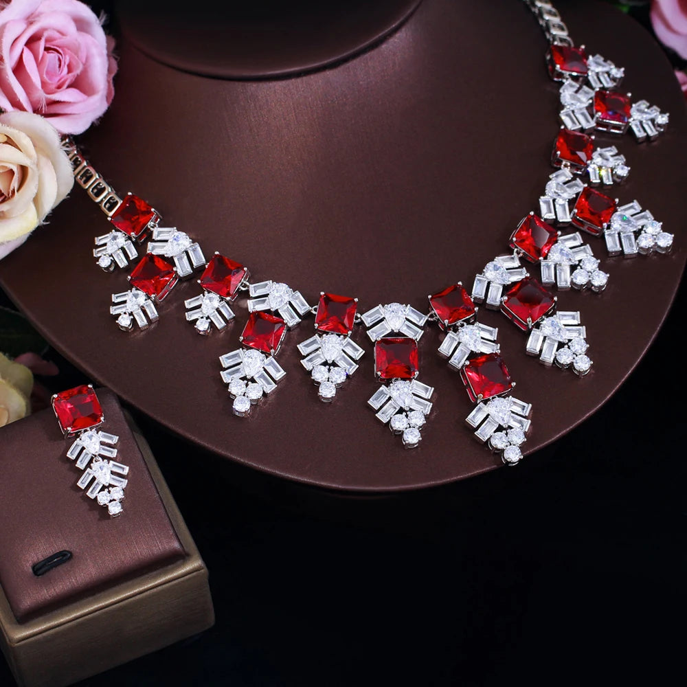 Gorgeous Red White Cubic Zirconia Luxury Wedding Jewelry Long Snowflower Design Pendant Necklace Earring Set for Women