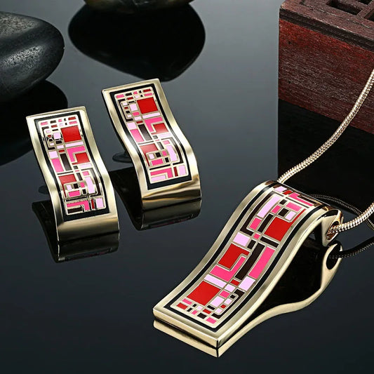 jewelry Red Pink color Russian design Enamel necklace Earring jewelry sets Brand gold color wedding Bridal accessory Ear