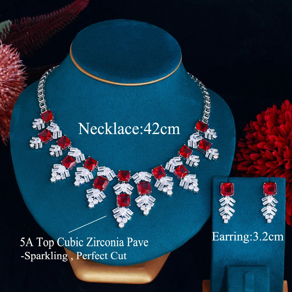 Gorgeous Red White Cubic Zirconia Luxury Wedding Jewelry Long Snowflower Design Pendant Necklace Earring Set for Women