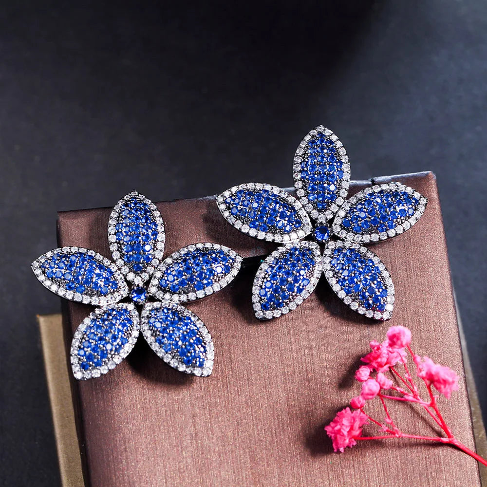 Trendy Micro Pave Bule Red Cubic Zirconia Big Flower Drop Earrings for Women Daily Dinner Party Fashion CZ Ear Jewelry