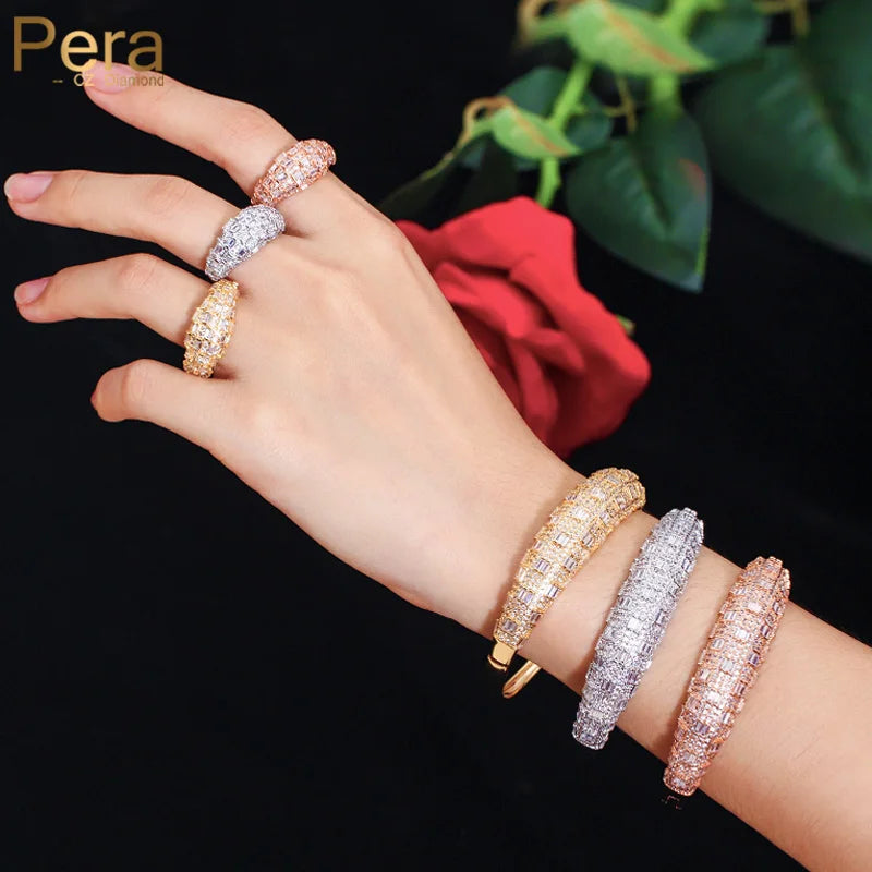 Luxury Dubai Gold Color Shiny Brilliant CZ Zircon Big Open Cuff Bangle Ring Sets for Women Wedding Jewelry Accessories