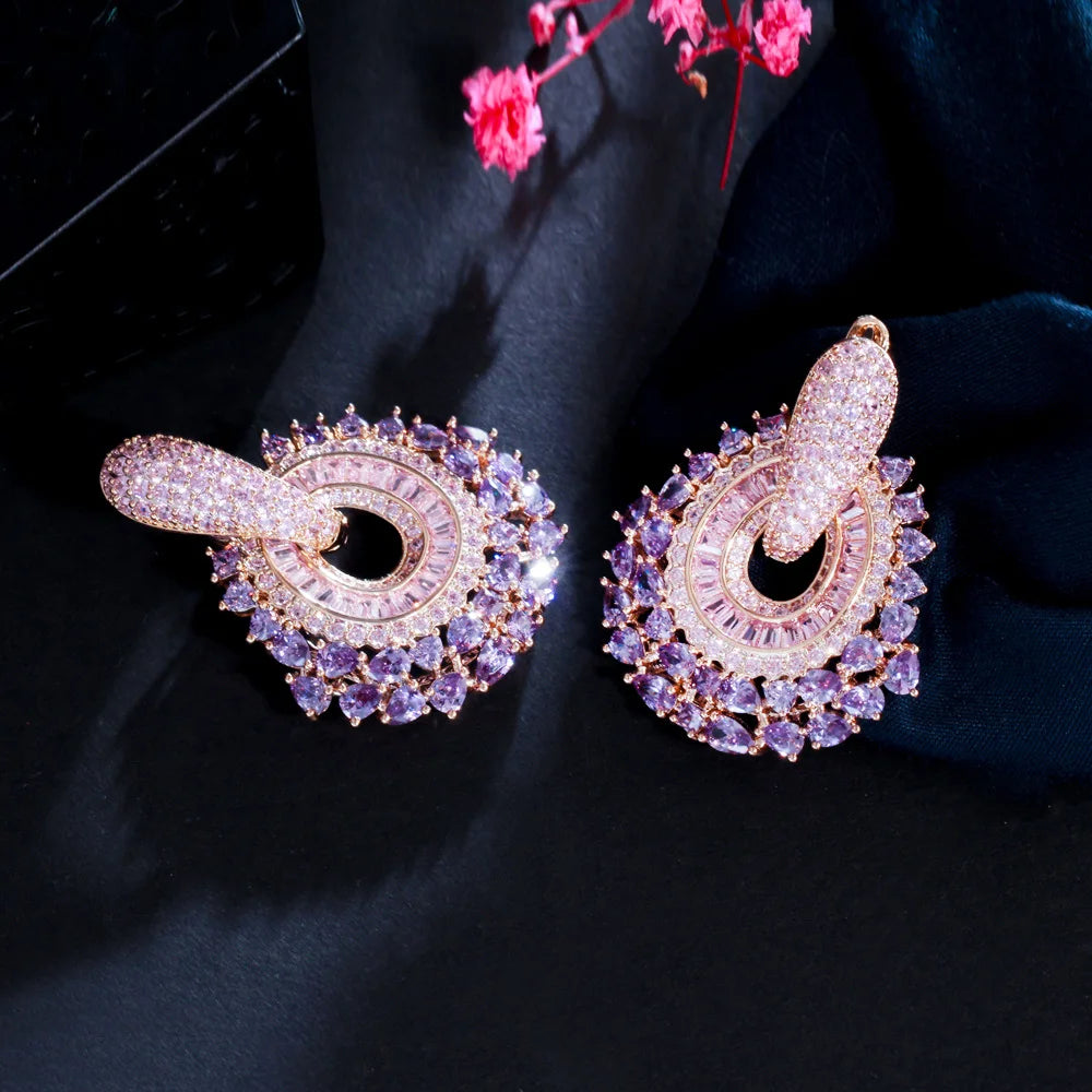 CWWZircons New Trendy Luxury Purple Pink Cubic Zirconia Pave Dangle Earrings for Women Statement Wedding Party Jewelry CZ979