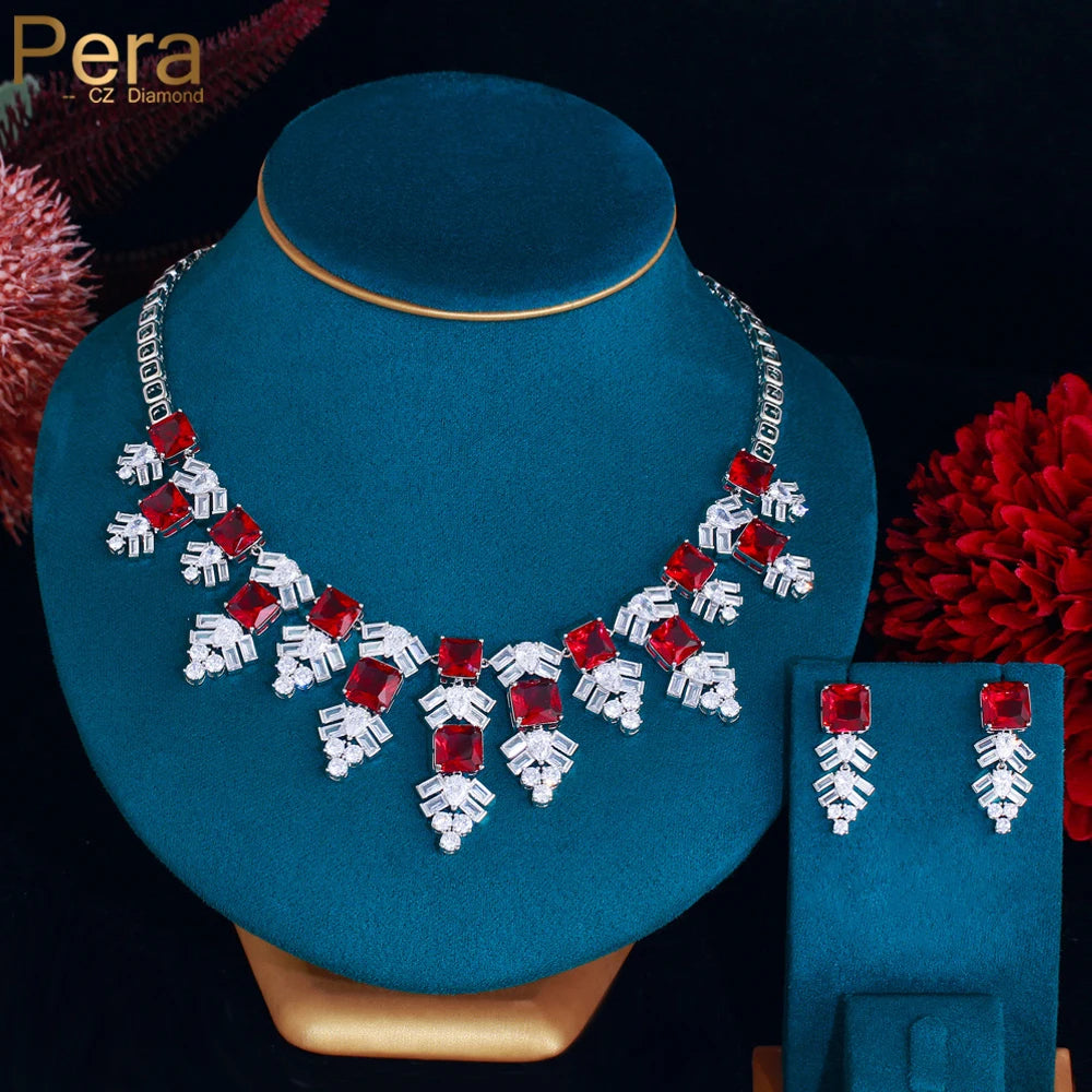 Gorgeous Red White Cubic Zirconia Luxury Wedding Jewelry Long Snowflower Design Pendant Necklace Earring Set for Women