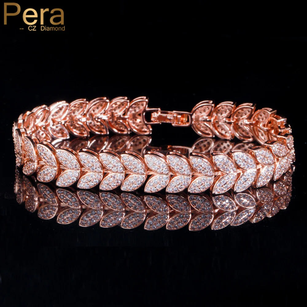 Elegant Micro Full 585 Rose Gold Color CZ Zircon Pave Leaf Link Chain Bracelet for Women Fashion Wedding Party Jewelry