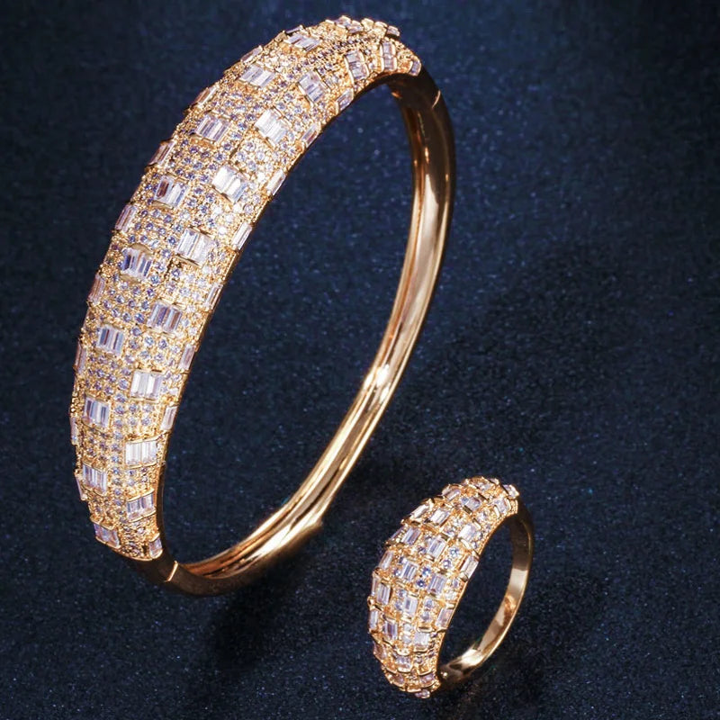 Luxury Dubai Gold Color Shiny Brilliant CZ Zircon Big Open Cuff Bangle Ring Sets for Women Wedding Jewelry Accessories