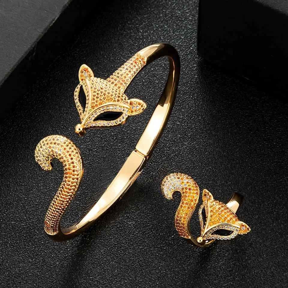 Luxury brand fox shape animal wedding bangle ring 2pcs jewelry sets jet brown zirconia bracelet with ring