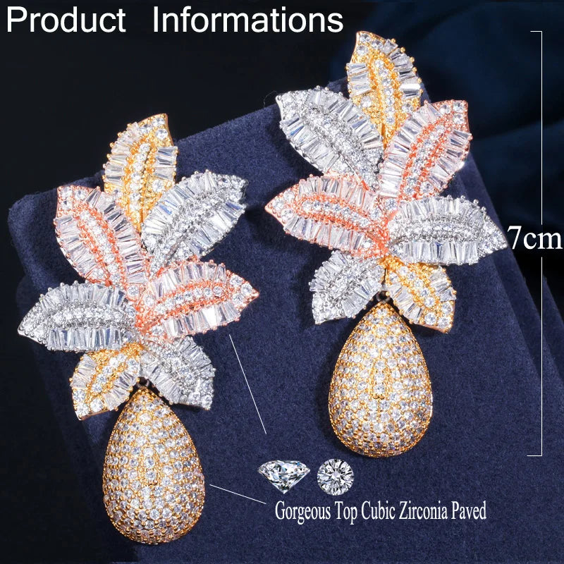 Zircons 3 Tone Gold Color Luxury Large Leaf Drop Flower Micro Cubic Zirconia Pave Wedding Party Earring for Women