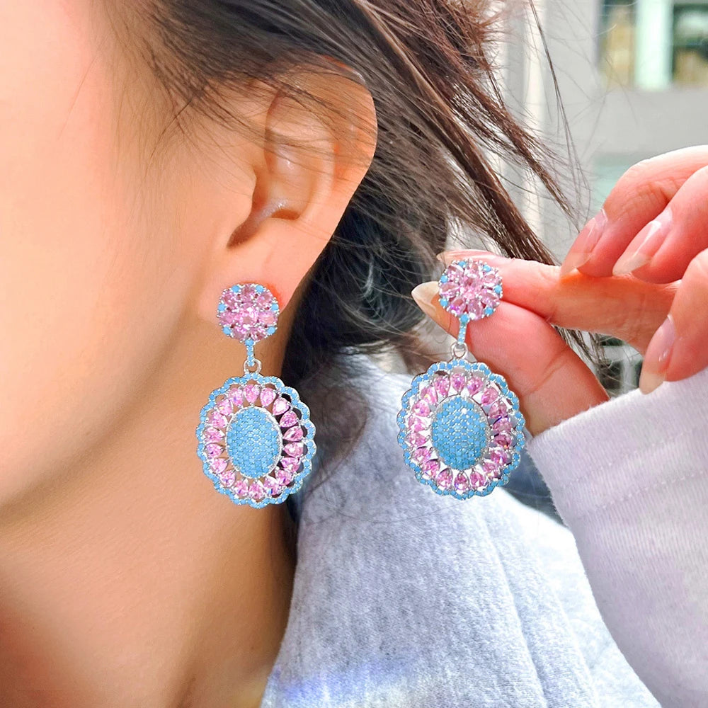 Elegant Pink Blue Turquoise Cubic Zirconia Bridal Wedding Long Big Round Flower Drop Earrings Party Jewelry for Women