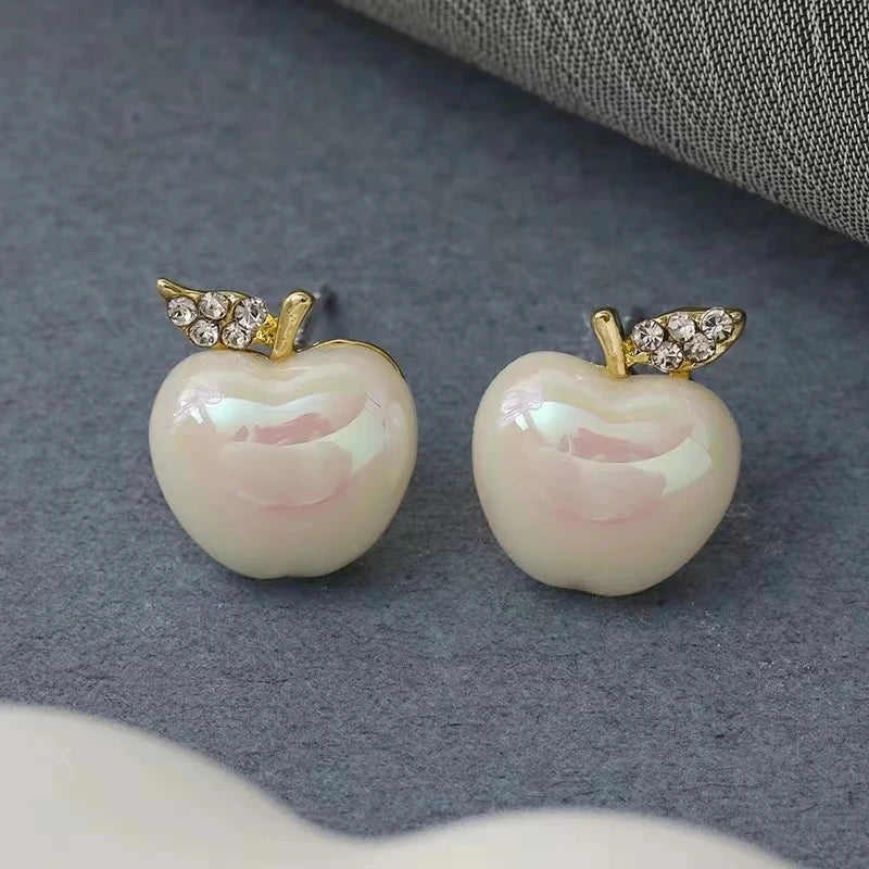 Inlaid Rhinestone  Pearl Creative Apple Earrings for Women Simple Studs Commuter Stud Earrings Wholesale Charms Jewelry