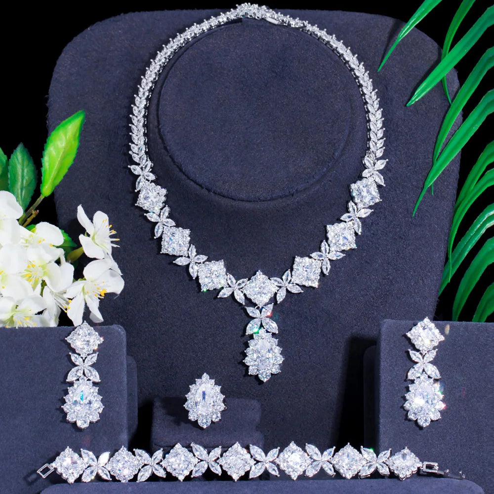 Luxurious Silver Color Green CZ Crystal Leaf Square Shape Link Bracelet Ring Necklace Earrings Jewelry Sets for Brides