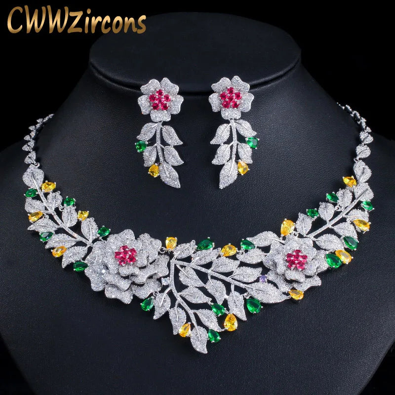 Zircons High Quality African Nigerican Cubic Zirconia Big Rose Flower Wedding Necklace Earring Luxury Bridal Jewelry Set