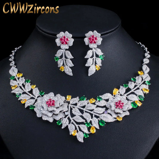 CWWZircons High Quality African Nigerican Cubic Zirconia Big Rose Flower Wedding Necklace Earring Luxury Bridal Jewelry Set T385