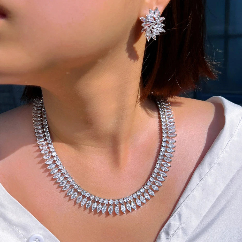 Gorgeous Shiny White Cubic Zirconia Round Chocker Necklace Earrings Sets for Brides Wedding Banquet Party Jewelry