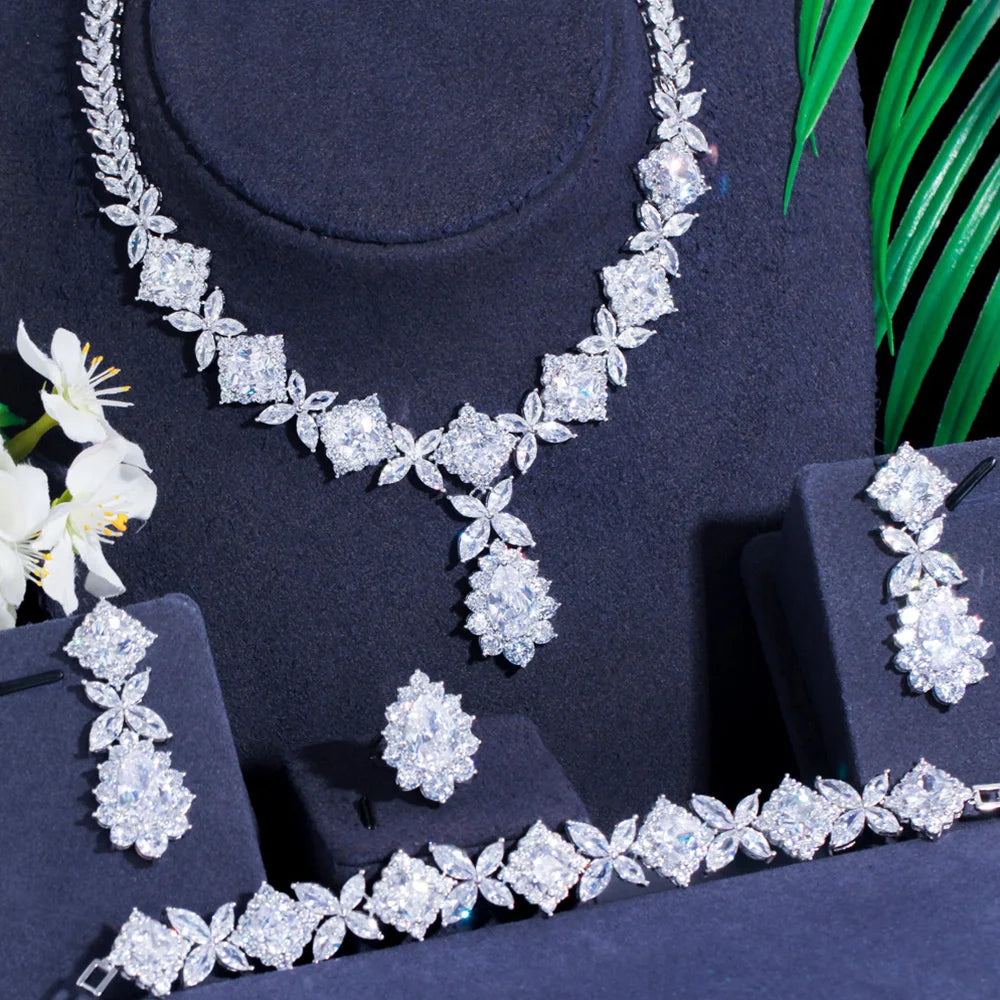 Luxurious Silver Color Green CZ Crystal Leaf Square Shape Link Bracelet Ring Necklace Earrings Jewelry Sets for Brides