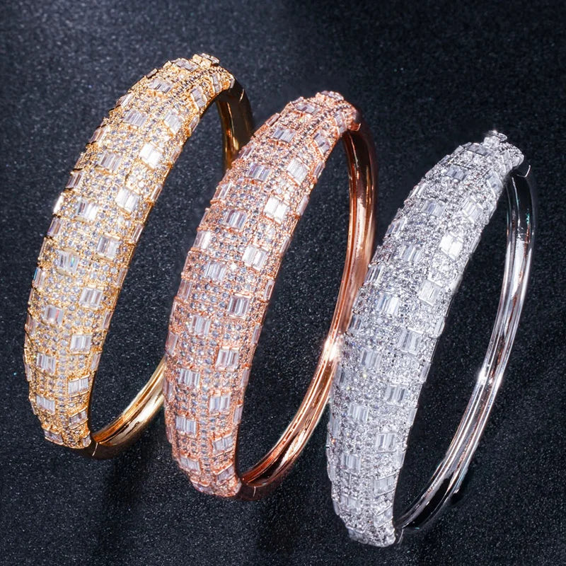 Luxury Dubai Gold Color Shiny Brilliant CZ Zircon Big Open Cuff Bangle Ring Sets for Women Wedding Jewelry Accessories