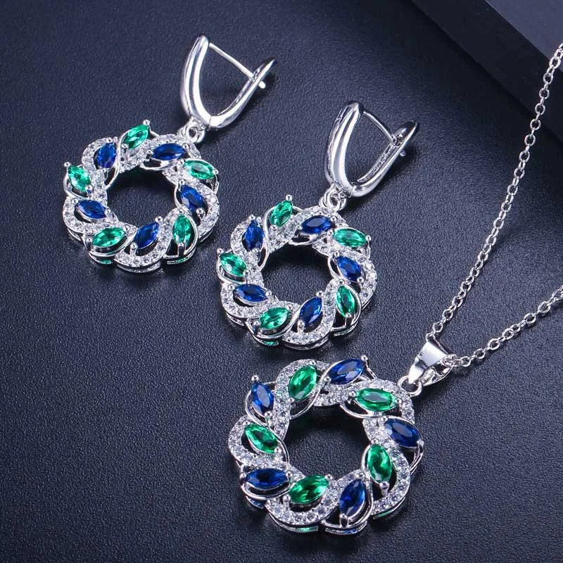 CWWZircons Trendy Brand Big Round Drop Austrian Blue And Green Crystal Earrings And Pendant Necklace Jewelry Set For Women T291