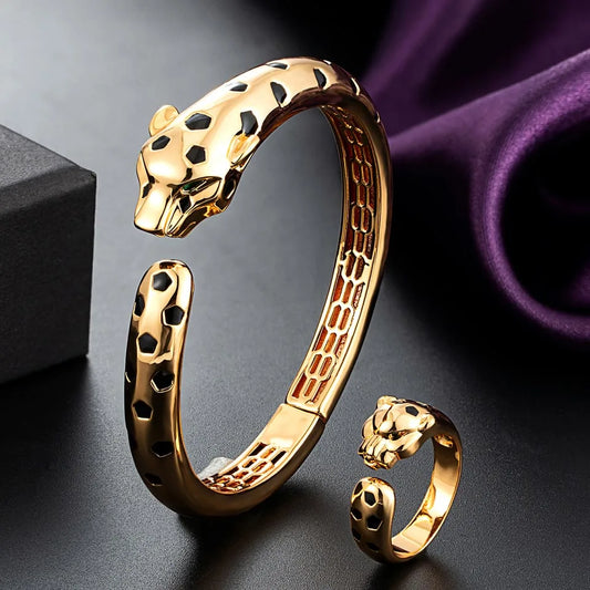 Statement Punk Black Spots Leopard bangle with Ring set Fashion Animal Panther bracelet for Women