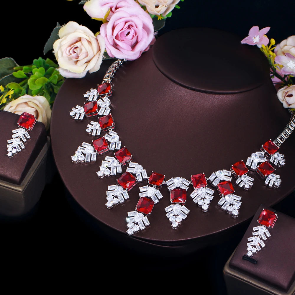 Gorgeous Red White Cubic Zirconia Luxury Wedding Jewelry Long Snowflower Design Pendant Necklace Earring Set for Women