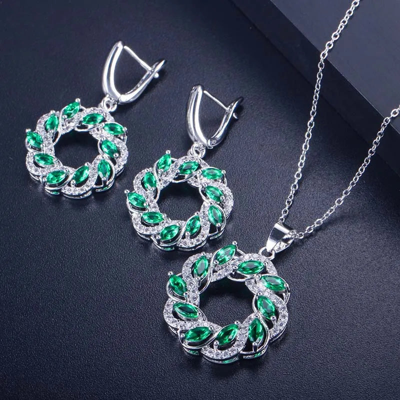 CWWZircons Trendy Brand Big Round Drop Austrian Blue And Green Crystal Earrings And Pendant Necklace Jewelry Set For Women T291