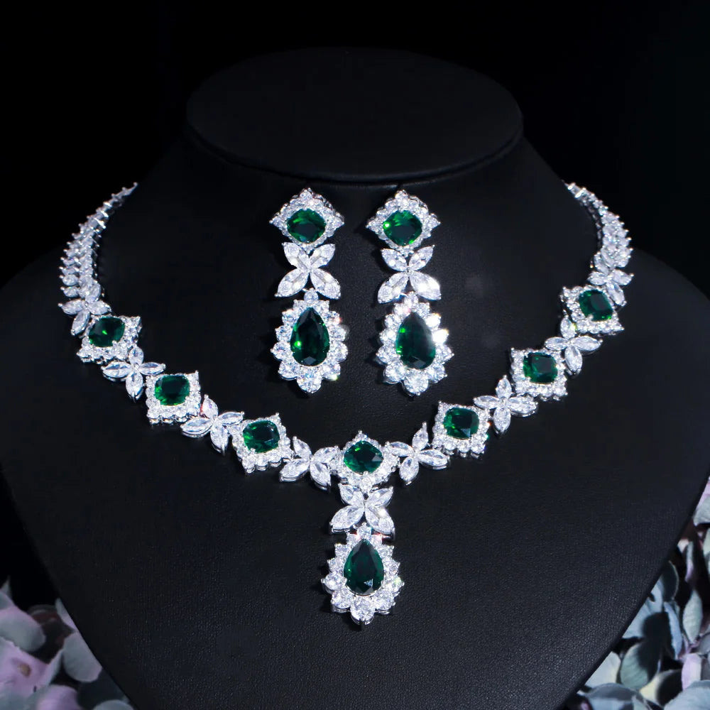 Zircons Big Leaf Drop Green Cubic Zircon Party Costume Jewelry Sets for Brides Wedding Accessories Dubai Gold Plated