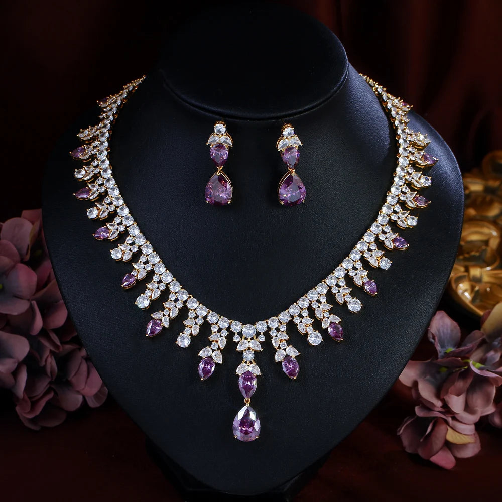 CWWZircons Luxury Gold Plated Purple Cubic Zirconia Big Chunky Water Drop Wedding Necklace Pageant Bridal Jewelry Sets T767