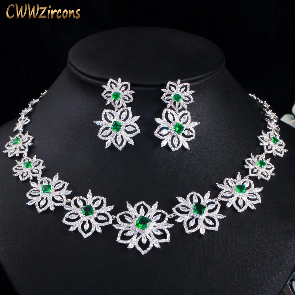 Zircons Beautiful Flower Green Cubic Zirconia Bridal Wedding Jewelry Set for Brides Evening Dancing Party Accessories