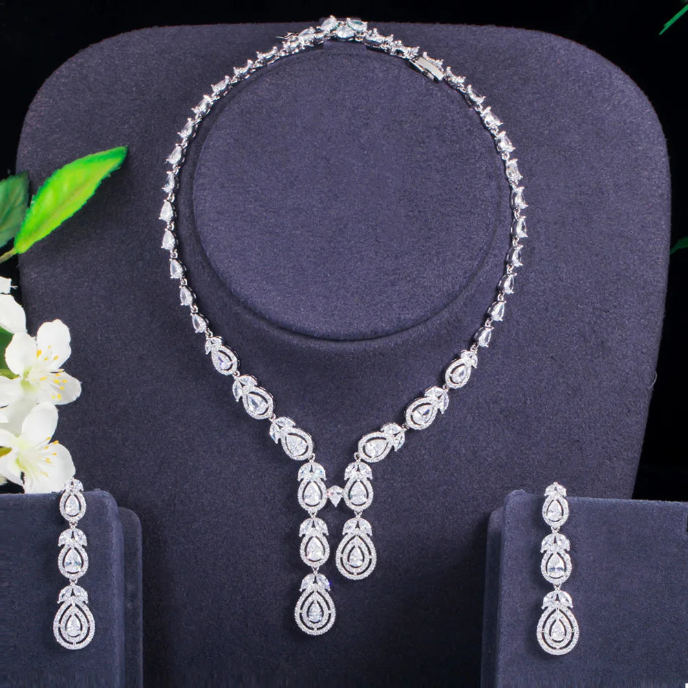 Hot Pink Cubic Zirconia Silver Color Long Leaf Drop Necklace and Earrings for Bridal Luxury Party Wedding Jewelry Sets