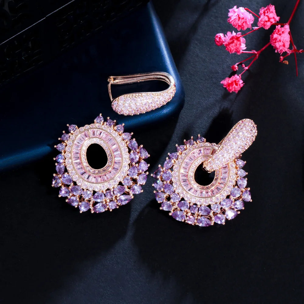 CWWZircons New Trendy Luxury Purple Pink Cubic Zirconia Pave Dangle Earrings for Women Statement Wedding Party Jewelry CZ979